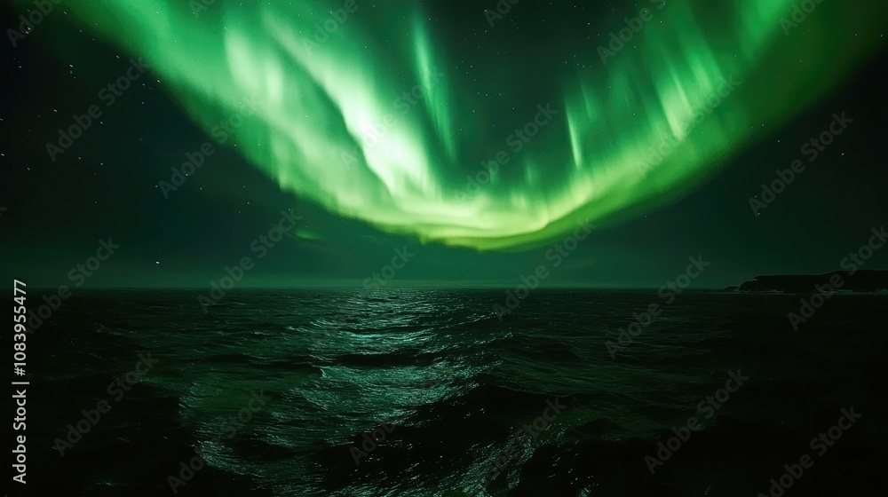 Poster here's a possible and keyword list for your stock photo.. vibrant green aurora borealis reflected in