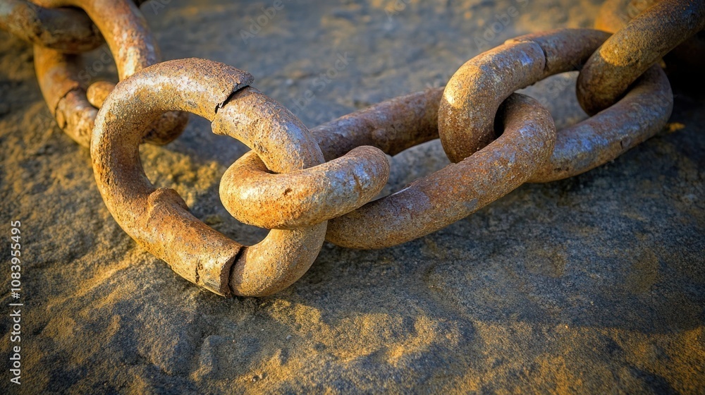 Poster a close-up of a rusted metal chain link resting on a textured surface.
