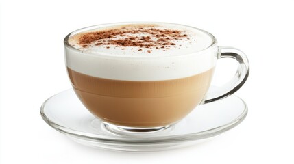 Obraz premium Transparent glass of cappuccino with frothy milk foam, set against a white background