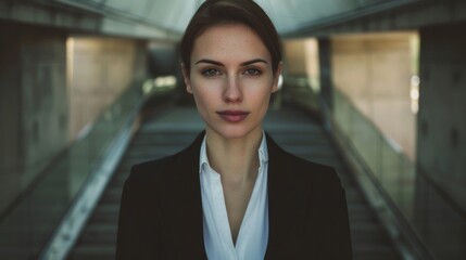 Fototapeta premium A confident businesswoman stands on an escalator gazing directly ahead.