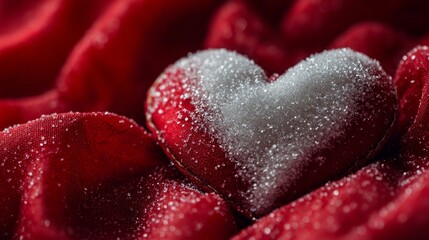 Fototapeta premium A decorative heart covered in sparkling sugar resting on a vibrant red fabric during a romantic celebration