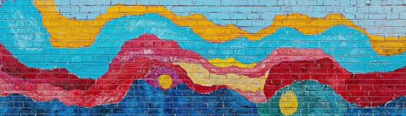 A colorful mural depicting abstract mountain landscapes with vibrant waves and circular elements.