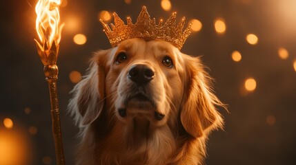 a majestic dog wearing a crown and holding a torch, symbolizing royalty and leadership