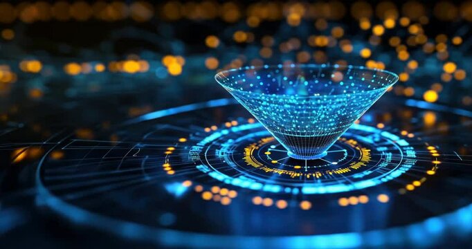Blue and yellow data visualization with a circular funnel diagram in the center, emphasizing funnel optimization, sales strategy, and lead magnet