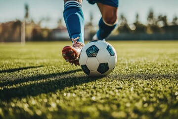Obraz premium Soccer player kicking ball on field during sunny day
