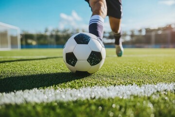 Fototapeta premium Soccer player kicking ball on field during sunny day