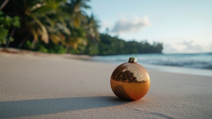 Golden Christmas Ornament on a Serene Tropical Beach