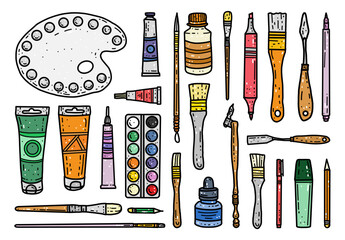 Vector illustration hand drawn art tools, ink, brush kit, pencil, paint palette, oil tube paint, markers isolated elements for printing, design, sale banners, stickers, mood, website, games