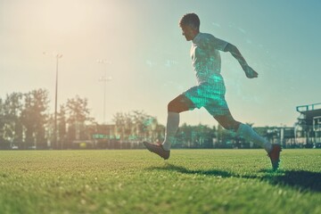 Soccer player running with futuristic digital overlay effect on football field