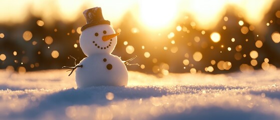 Fototapeta premium a cheerful snowman in a winter landscape with a warm sunset glow