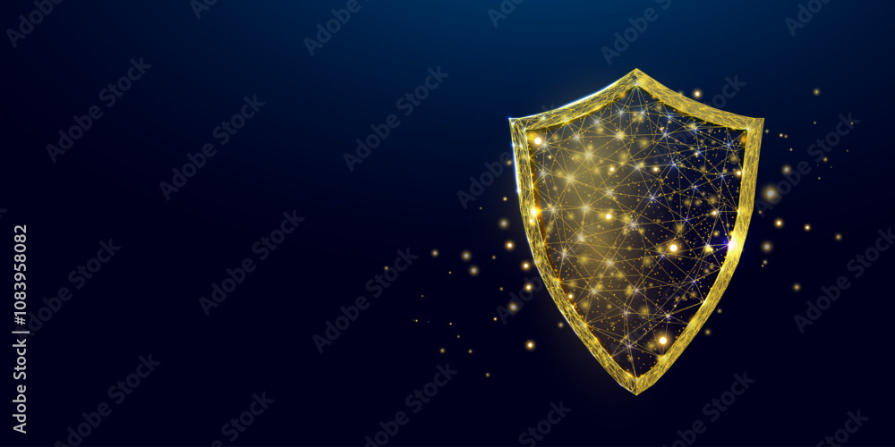 Poster guard shield. cyber security concept with glowing low poly shield on dark blue background. wireframe