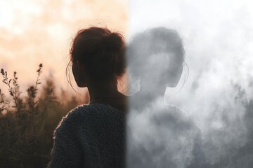 Woman disappearing in the fog with soft haze effect at sunset