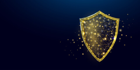 Fototapeta premium Guard shield. Cyber security concept with glowing low poly shield on dark blue background. Wireframe low poly design. Abstract futuristic vector illustration.