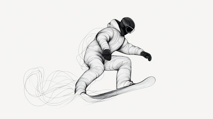 Fototapeta premium Minimalist line art illustration of a snowboarder in motion wearing winter gear and goggles, emphasizing dynamic movement and flow against a simple background.