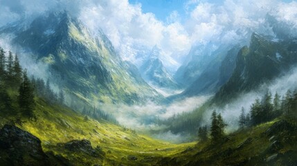Fototapeta premium Majestic Mountain Landscape with Lush Green Valleys and Rolling Fog Under a Bright Blue Sky Surrounded by Towering Peaks and Fluffy Clouds