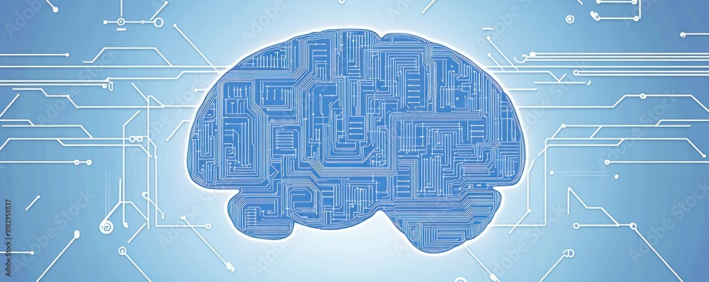 Poster abstract illustration of a brain composed of circuit patterns, symbolizing technology and intelligen