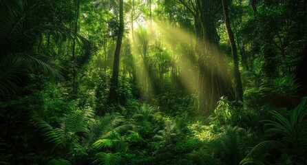 Obraz premium A dense jungle filled with lush greenery and towering trees, showcasing the beauty of nature's abundance in its purest form.