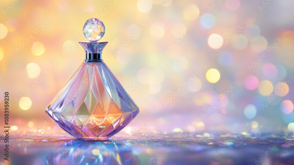 Poster elegant perfume bottle with sparkling crystal stopper on a colorful bokeh background, capturing luxu