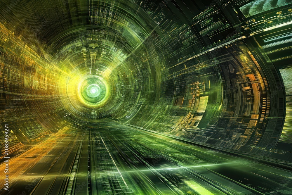 Poster a futuristic tunnel with vibrant colors and abstract patterns suggesting motion and technology.