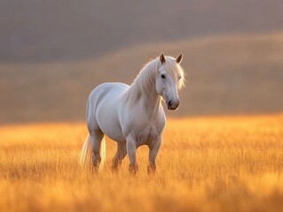 Naklejka premium majestic white horse standing in a golden field during sunset