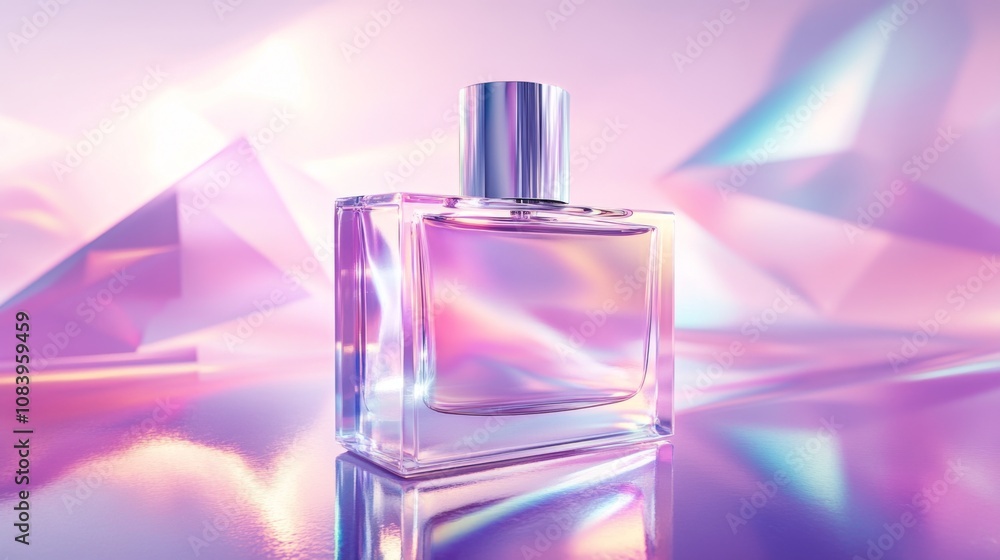 Poster luxurious perfume bottle with iridescent reflection and colorful background creating an elegant and 