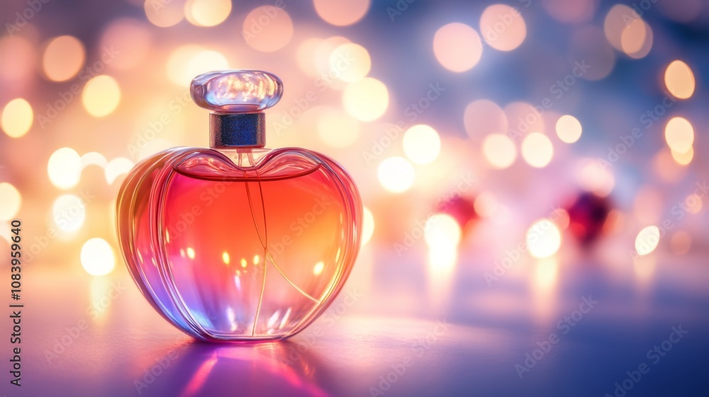 Poster elegant and romantic perfume bottle on bright background with bokeh lights, capturing the essence of