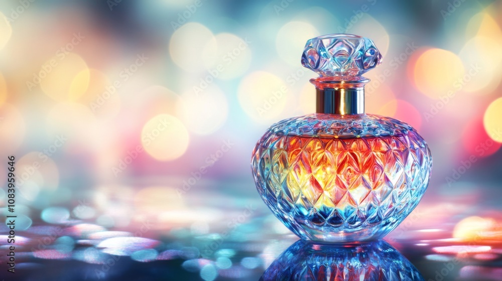 Poster Elegant glass perfume bottle with intricate design resting on reflective surface, surrounded by vibrant bokeh lights in soft colors, creating an enchanting atmosphere