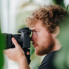 Fototapeta premium photographer capturing a moment with a camera surrounded by greenery