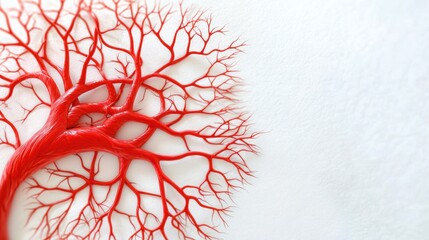 Intricate Artery and Capillary Branching Network Highly detailed image of a complex red artery and capillary branching system, showcasing vascular anatomy against a white background