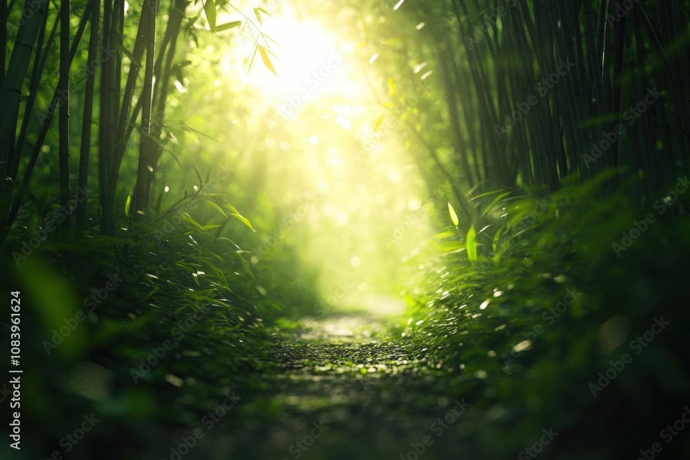 Poster serene path through a lush green forest with sunlight filtering through