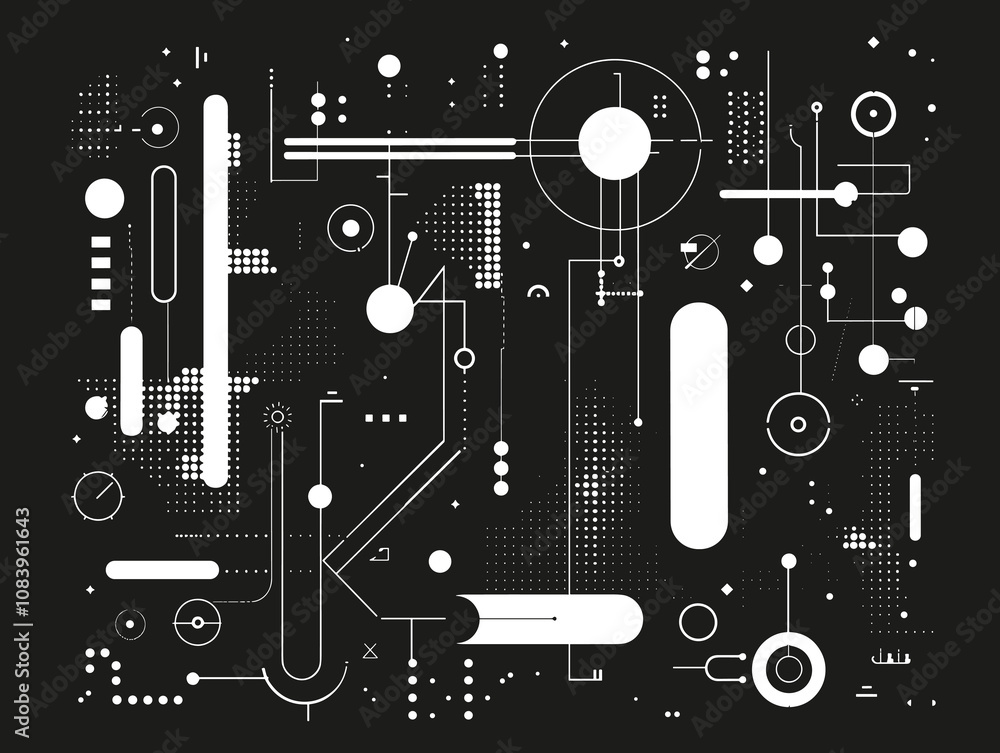Aufkleber black and white image of a circuit board with many different shapes and sizes. the image is abstract