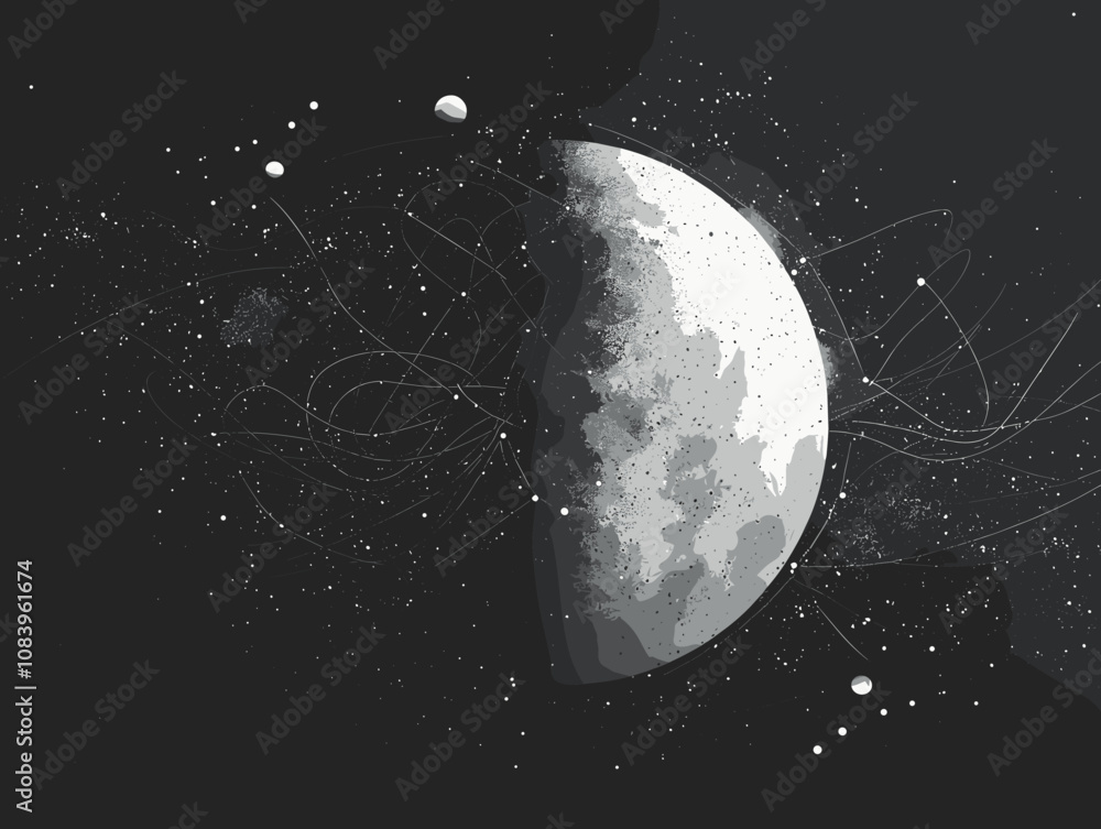 Poster black and white drawing of a moon with a lot of stars surrounding it. the moon is the main focus of 