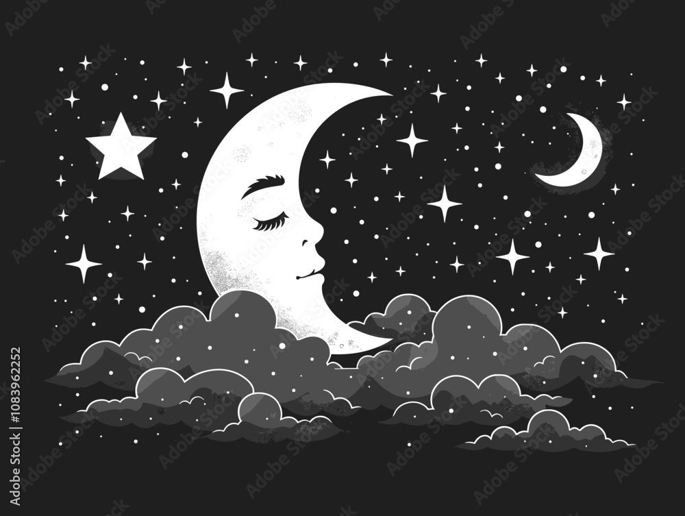 Poster black and white drawing of a moon with a face on it and stars in the background. scene is dreamy and