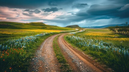 Naklejka premium Scenic Road Trip Through Lush Wildflower Field Nature s Captivating Beauty Captured on an Expansive Countryside Journey