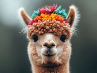 Obraz premium adorable alpaca with colorful fur decoration looking directly at the camera