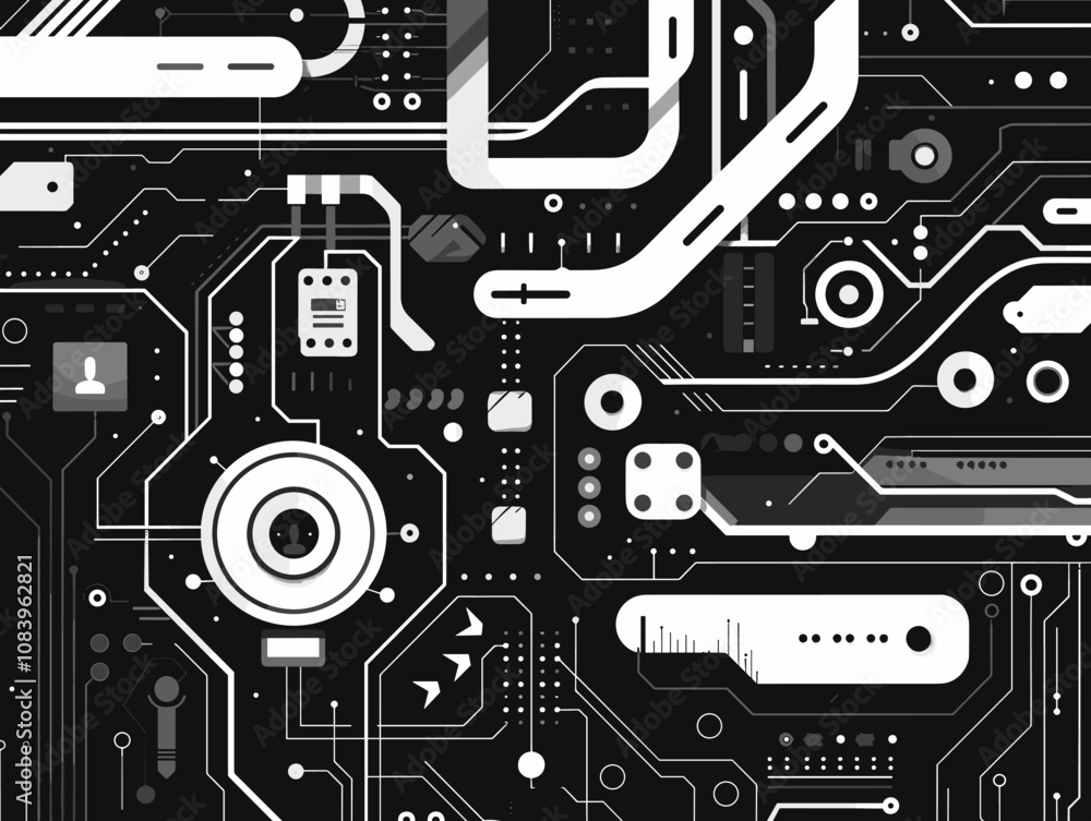 Poster black and white image of a circuit board with a small circle in the middle. the image has a futurist