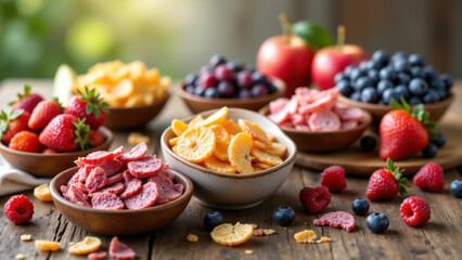 Image shows a variety of fruits and berries laid out on a wooden surface with bowls containing freeze-dried fruit snacks.