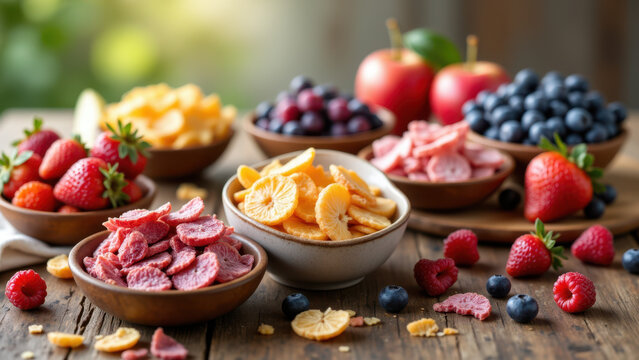 Image shows a variety of fruits and berries laid out on a wooden surface with bowls containing freeze-dried fruit snacks.