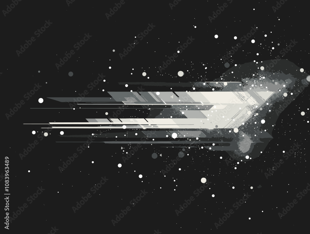 Poster black and white image of a fast moving object with a white streak. the image has a sense of motion a
