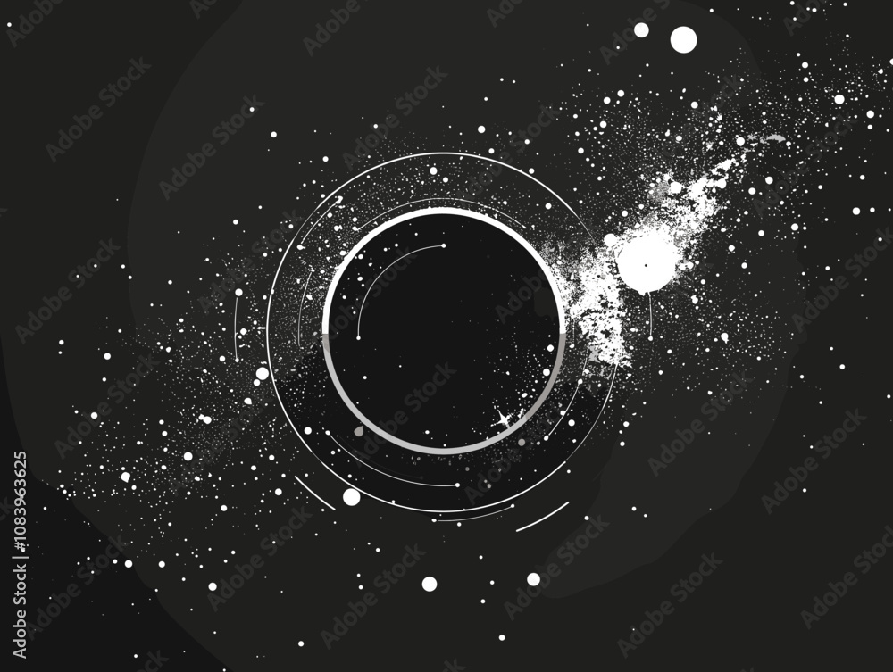 Poster black and white image of a galaxy with a large black circle in the middle. the circle is surrounded 