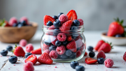 A jar filled with red strawberries and blueberries on a table, surrounded by additional berries.