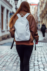 Woman wearing a brown jacket and white backpack walking on a cobblestone street.