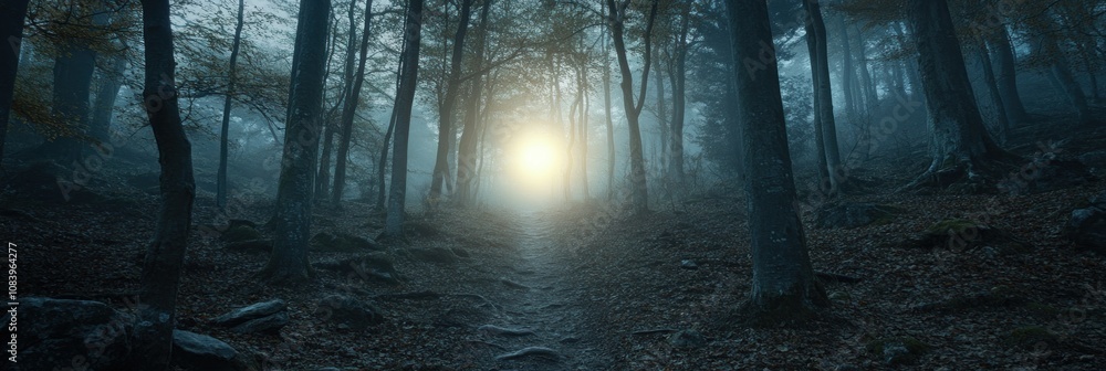 Aufkleber a misty forest path illuminated by a bright light, creating a mystical atmosphere.