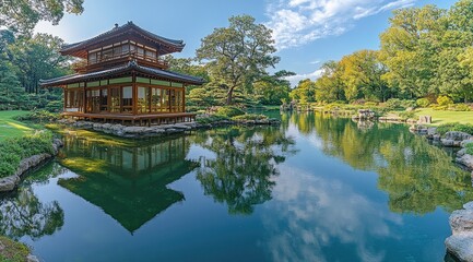 Serene Japanese garden with pagoda reflected in calm pond.