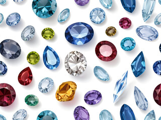 A collection of colorful gemstones displayed on a white background.