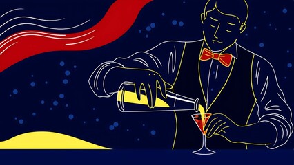 Naklejka premium Elegant bartender mixing cocktail at night with artful line art design