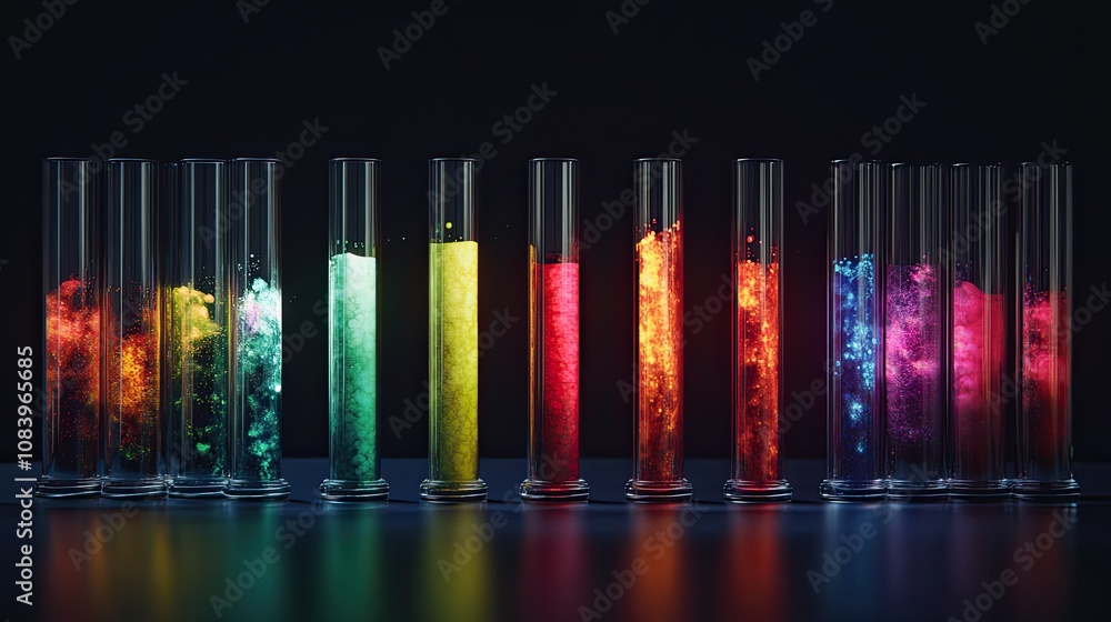 Poster here's a caption and keywords for your image.. vibrant colored liquids in test tubes on dark backgro