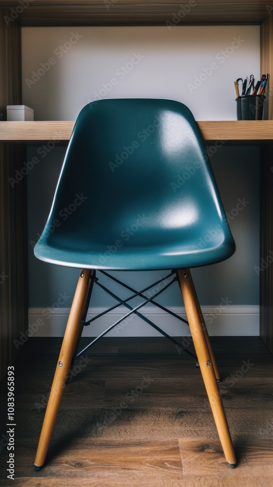 Poster a modern chair positioned in a workspace, complementing a minimalist desk setup.