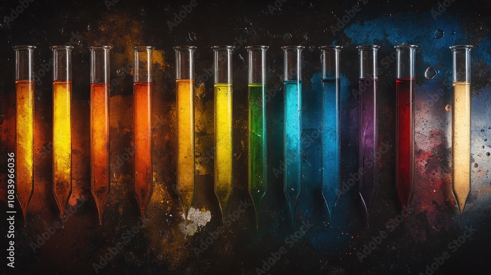 Poster here's a description and keywords for your image.. colorful liquids in test tubes on dark background