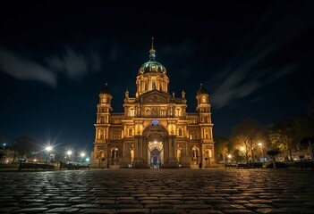 Obraz premium A grand, ornate historic building with a domed roof and towers illuminated at night against a dark sky